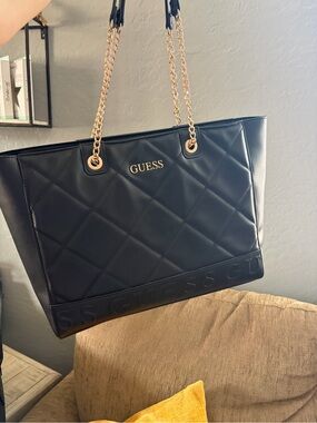 GUESS Black Quilted Tote with Gold Chain Straps